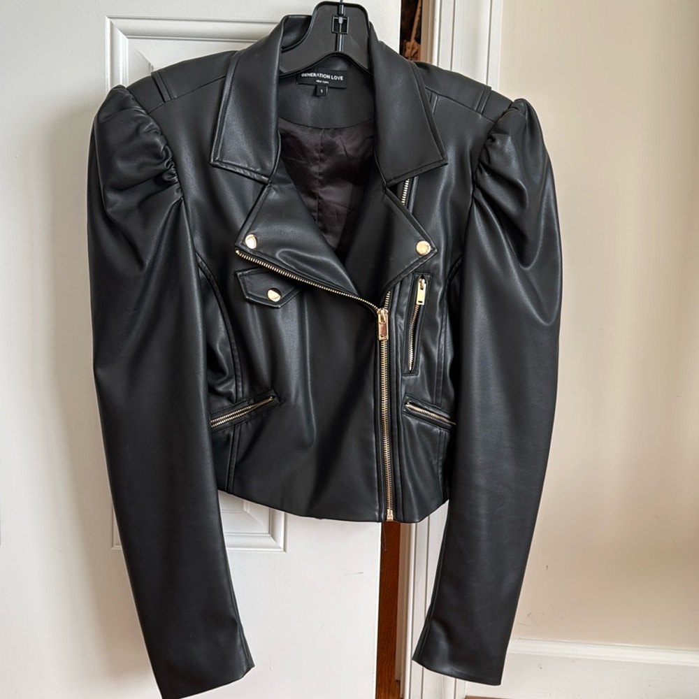 Generation Love Vegan Leather Moto Jacket with puff sleeves in Black Size S.